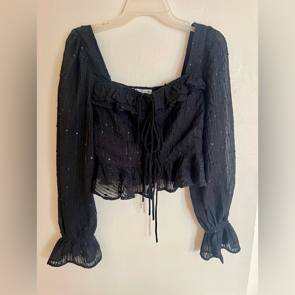 HYFVE Black Sheer Ruffle Blouse